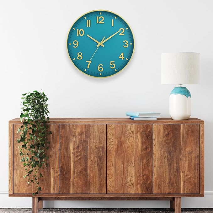 HZDHCLH Teal and Gold Wall Clocks Battery Operated 12 inch Silent Non Ticking Modern Wall Clock for Living Room Bedroom Kitchen Office Decor
