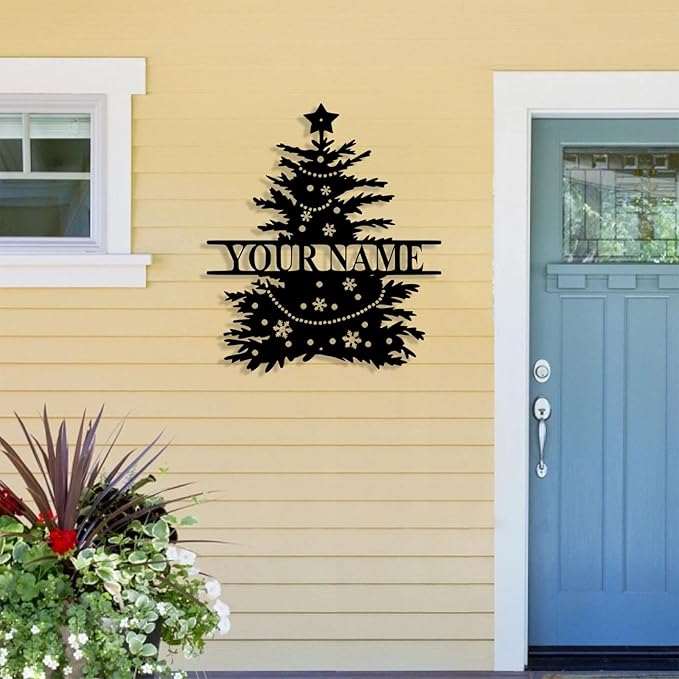 Personalized Christmas Tree Metal Sign, Custom Signs Outdoor Metal Wall Decor, Merry Christmas Tree Signs Wall Decoration for Home Living Room, Bedroom, Office, Garden, Porch