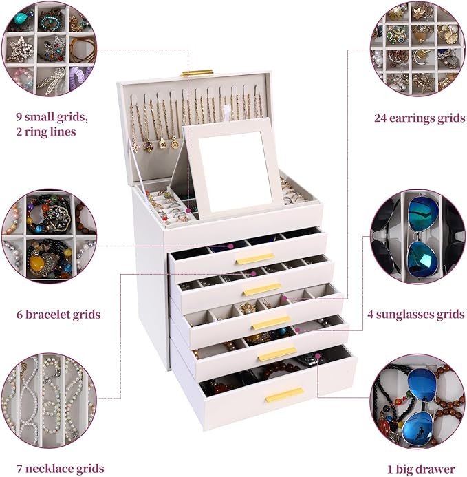 BOOVO Jewelry Box with Necklace Hanger – 6 layer Jewelry Organizer for Women with 5 Drawers, Large Jewelry Storage Boxes –Jewelry Organizers and Storage for Earrings, Necklaces (White, 6 layer)
