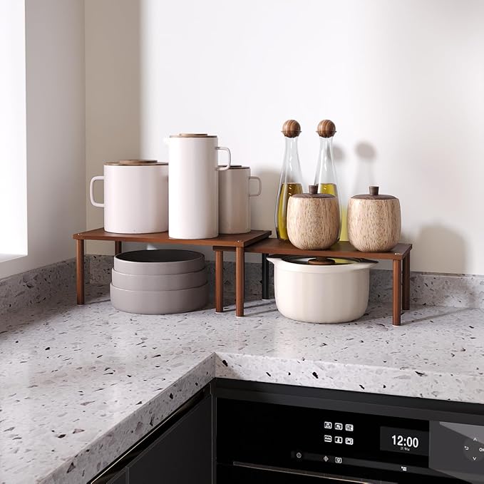 Cabinet Organizer Shelf(Set of 2),Kitchen Counter Shelves,Bamboo Spice Rack Countertop and Cabinet,Stackable Expandable,Large(Brown)