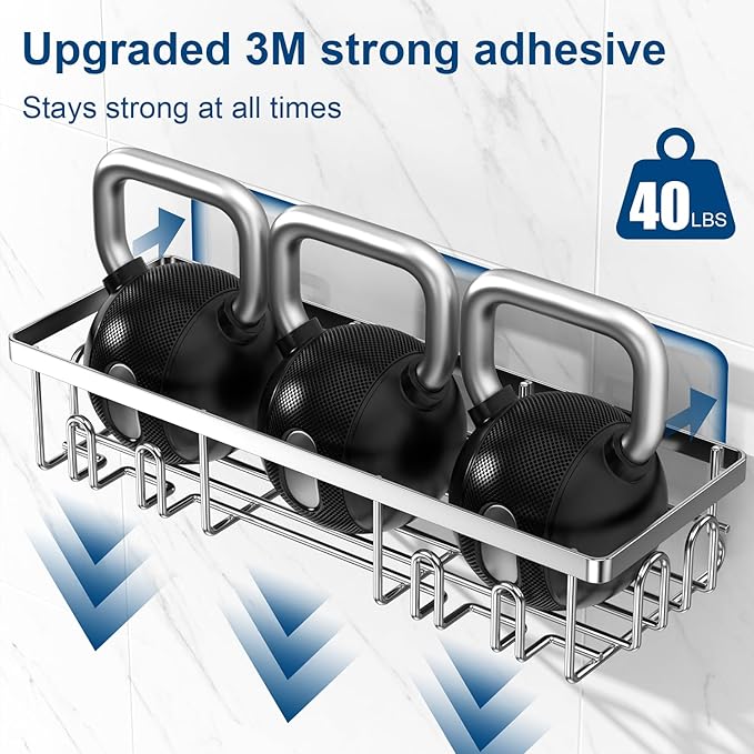 2025 New Adhesive Shower Caddy, Shower Shelves with 16 Hooks, Silvery 2 Pack