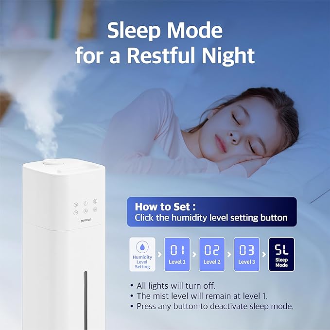 Pureal 10L Tower Humidifier, 83H Runtime, Warm & Cool Mist, Large Room, Top-Fill Tank On Wheels, Auto Mode, 12H Timer, Remote Control, Mood Light, White