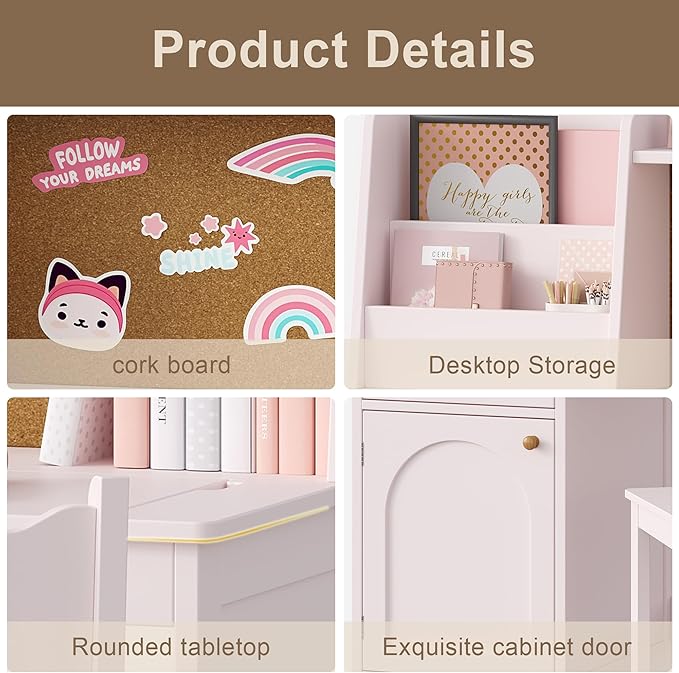 Treocho Kids Study Desk and Chair Set, Kids Desks with Hutch and Tiltable Desktop for 5-12 Years Old, Wooden Children Study Table with Fabric Drawer, Student Writing Desk Bedroom, Home School, Pink