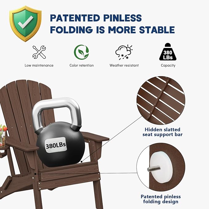 Plawdlik Folding Adirondack Chair, SGS Tested, Wooden Textured with Cup Holder, Heavy All-Weather HDPE Comfortable Set Poolside Backyard Lawn Coffee