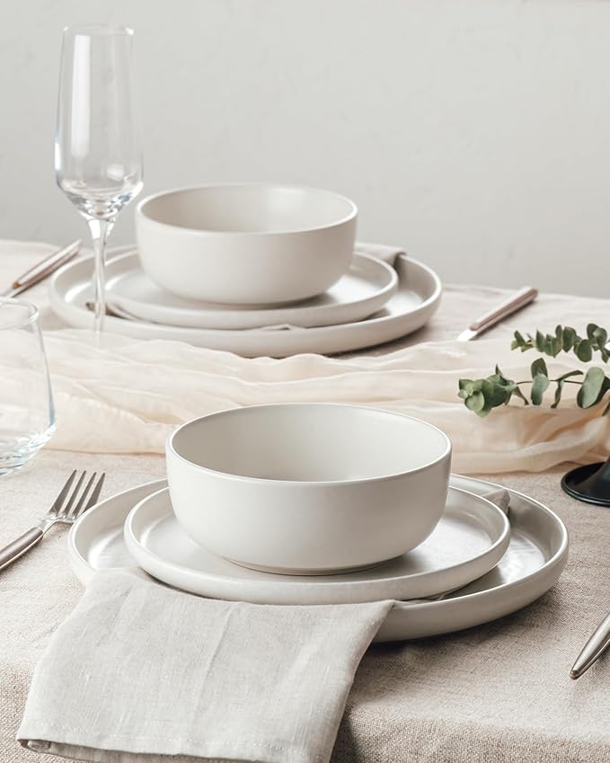 Famiware Milkyway Plates and Bowls Sets, 12 Pieces Dinnerware Sets, Reactive Glaze Dish Set, Stoneware Dishes Set for 4, Matte White