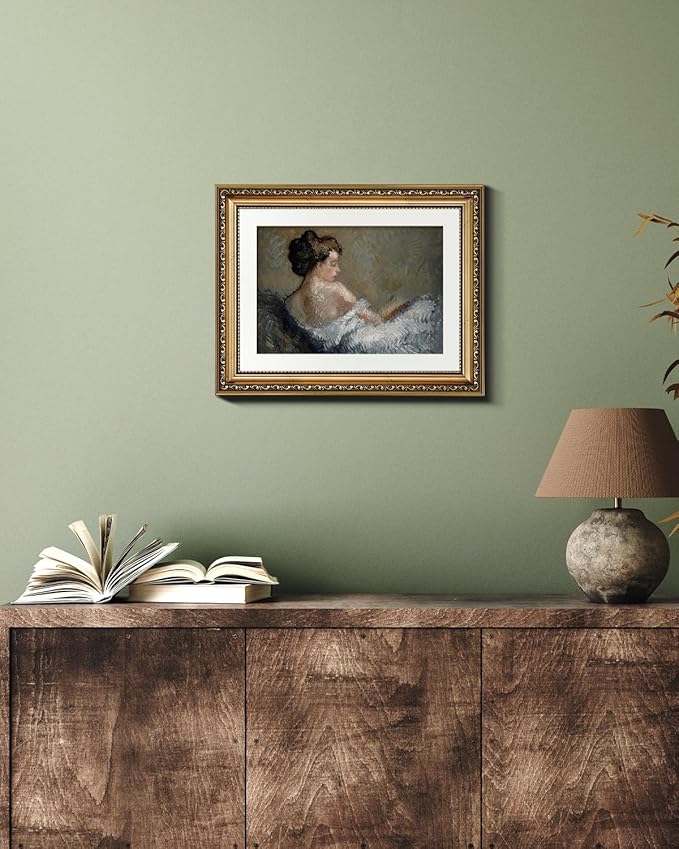 VIYYIEA Gold Framed Wall Art Canvas Print Home Decor Portrait Wall Art Sitting Woman Vintage Decor Room Aesthetic Mid Century Lady Elegant Farmhouse Painting Wall Decor for Bedroom Bathroom 11x14in