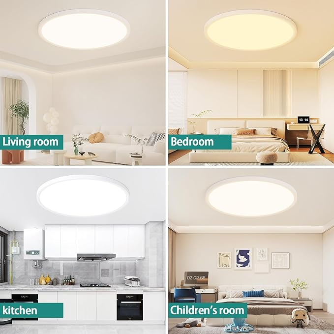 24 Inch Dimmable LED Ceiling Light Fixture, Ultra Thin Flush Mount, 48W 4800Lumen, 3 Color Changeable, Round, White, for Dining Room, Living Room, Bedroom, Office, Hotel