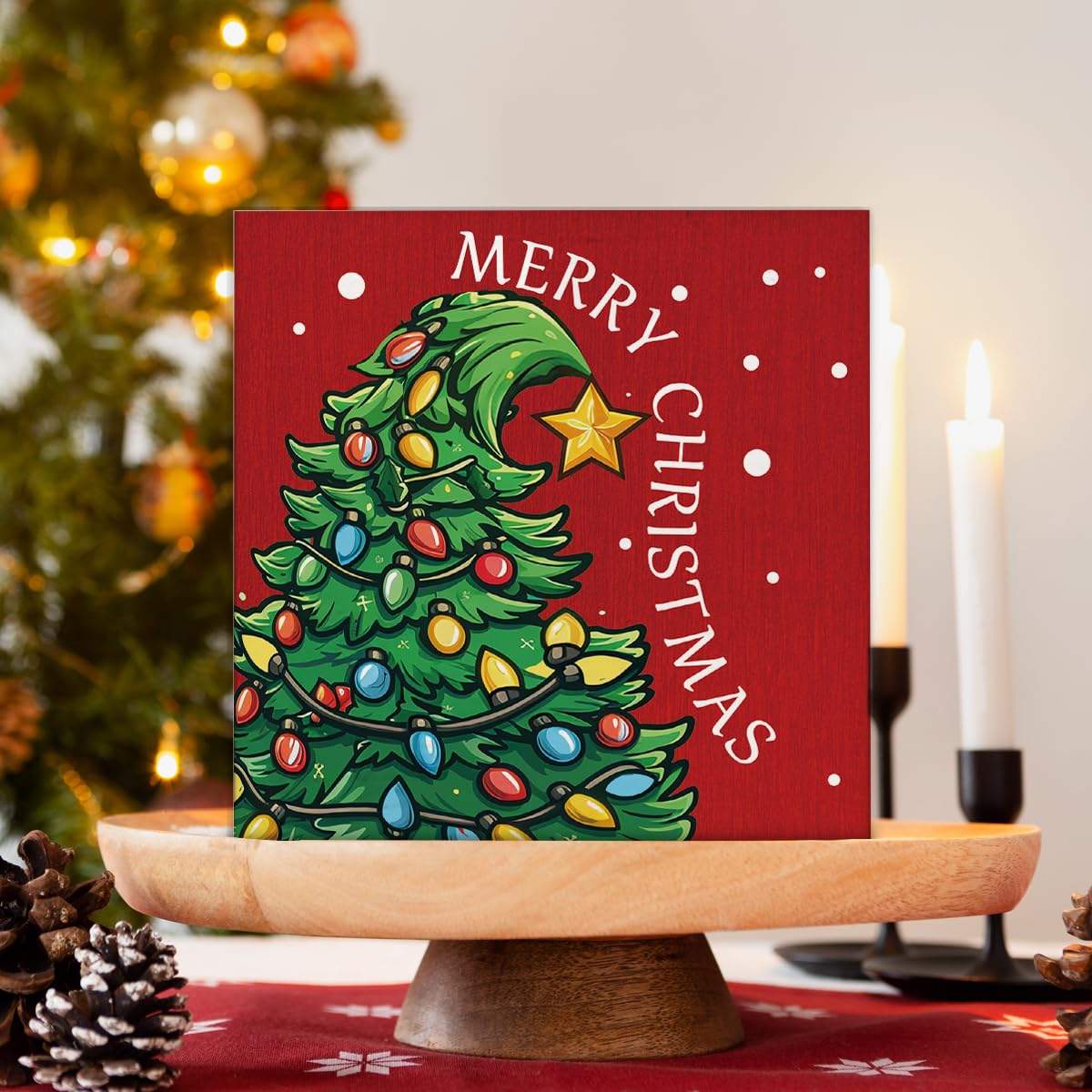 Christmas Decorations - Merry Christmas Decor, Funny Xmas Tree Wooden Sign, Home Decor for Desk Table Shelf 5 X 5 Inches