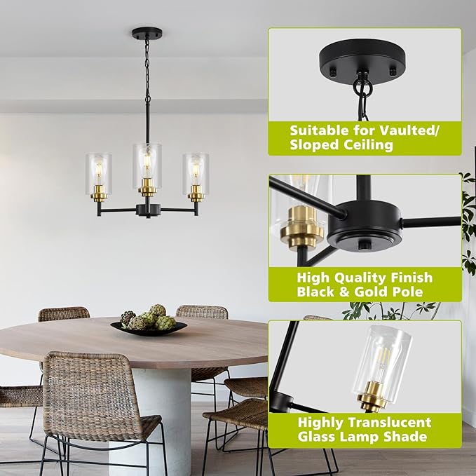 9MMML 3 Lights Black and Gold Chandelier, Modern Glass Ceiling Chandelier Light Fixture for Dining Room, Kitchen, Over Table,Foyer, E26 Base