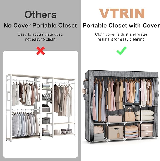 VTRIN Portable Closet for Hanging Clothes 67 Inch Wide Large Capacity Portable Wardrobe Closet with Cover, 4 Storage Shelves and 4 Hanging Rod Sturdy Free Standing Closet for Bedroom, Printing