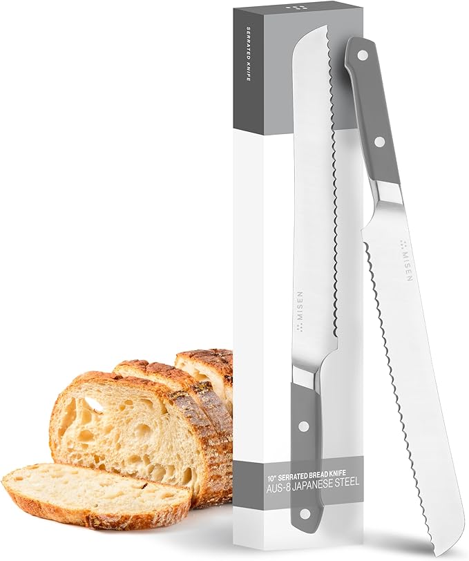 Misen Serrated Bread Knife – High-Carbon Japanese AUS8 Steel – Effortless Slicing of Bread, Pastries, and Fruits – Razor-Sharp Edge and Durable Blade with Ergonomic Handle - 10", Gray