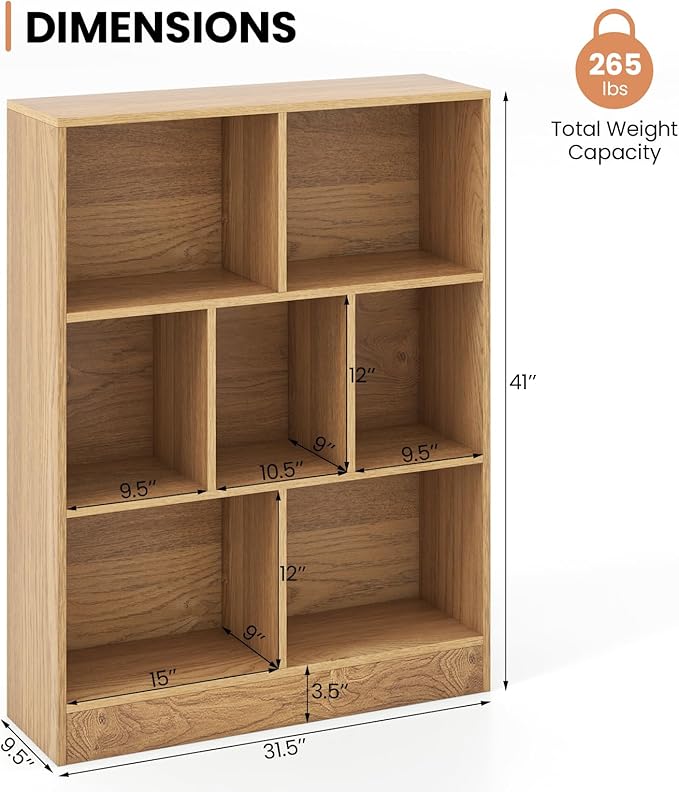 Costzon Wooden Toy Storage Organizer, 7-Cube Kids Bookshelf w/ 2 Anti-Toppling Kits, 3 Tier Open Shelves & Non-Slip Foot Pads, Book Shelf for Kids Rooms, Playroom, Classroom, Nursery (Natural)