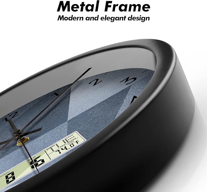 SCAOGE Industrial Wall Clock with Day Week Temperature Grayish Blue Non-Ticking Digital Clocks Large Display Battery Operated Wall Mount Analog Clock with Date for Living Room Bedroom Decor 14 Inch