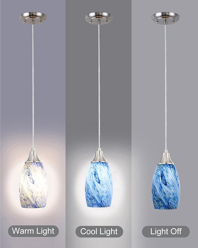 Mini Pendant Lights Kitchen Island White Blue Glass Lamp Shade Hand Blown Glass Pendant Light with Brush Nickel Finish Adjustable Cord for Kitchen Over Sink Hallway,Dining Room,Stairs Way