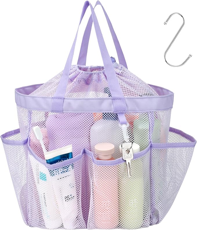 F-color Mesh Shower Caddy Portable with Drawstring - Upgrade Deeper 7 Pockets Dorm Room Essentials for Guys Girls with S Hook, Shower Bag Basket Tote for College Camping Toiletry Bathroom, Purple