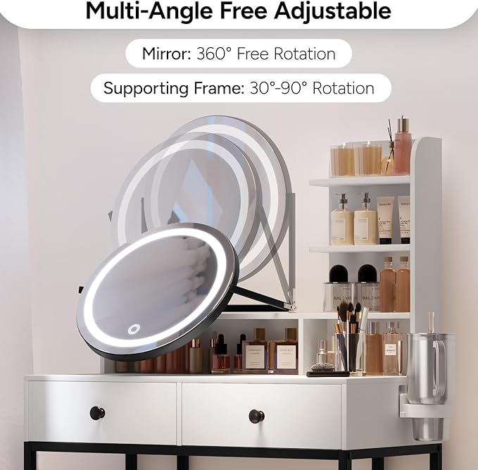 Small Vanity Desk with Mirror for Bedroom: Compact Makeup Table Set with Lights - 31.5 inch White Dresser Vanities with Chair for Girls