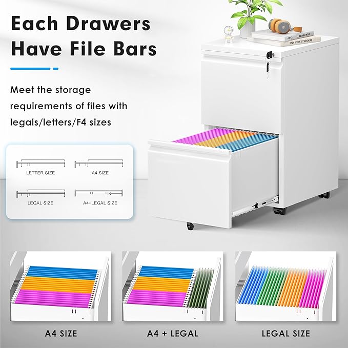 Greenvelly 2 Drawer Mobile File Cabinet with Lock, Metal Filing Cabinet on Wheels, Under Desk File Cabinet for Home Office Organizer Letter/Legal/A4 File (Assembly Required, White)