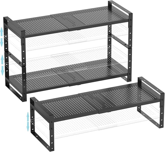 Expandable Spice Rack, Stackable Metal Pantry Storage Shelves Stand, Adjustable Height Cabinet Shelf Organizer Racks(3PACKS/BLACK,LARGE)