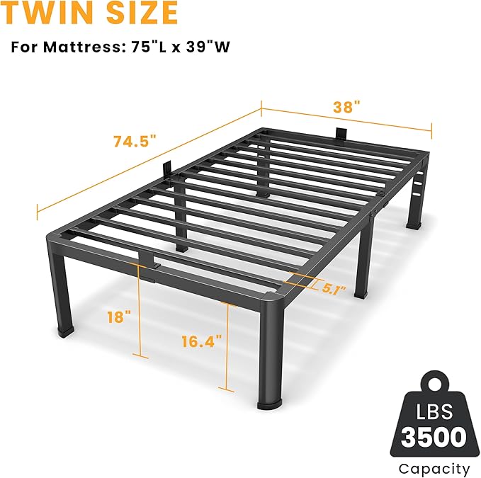 18 Inch Twin Size Metal Platform Bed Frame with Round Corners, Storage Space Under High Bed Frame-Heavy Duty Steel Slats Support, Noise Free - Easy Assembly - No Box Spring Needed