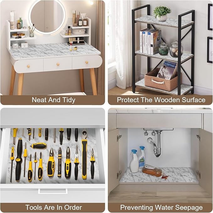 OcePor Non-Adhesive Drawer and Shelf Liner 17.5IN x 30FT，Non Slip Cabinet and Cupboard Liner, Kitchen Cabinet Liners for Shelves, Waterproof Drawer Shelf Liners for Cabinets/Bathroom Cupboard, Marble