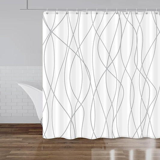 Punkray Grey and White Striped Polyester Shower Curtain for Bathroom with Hooks, Waterproof Bath Accessories Hotel Style - Machine Washable 84 x 72