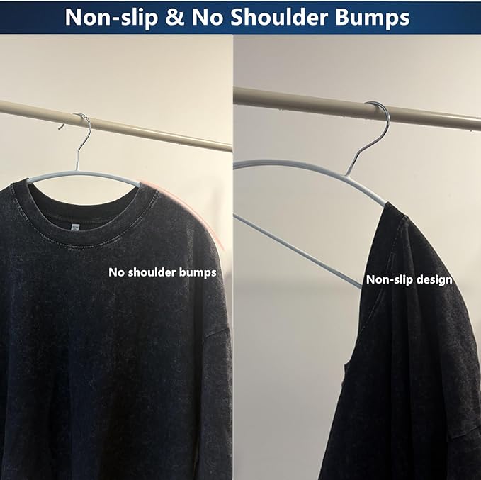 16.5 Inch White No Shoulder Bumps Non-Slip Rubber Coated Contour Metal Hanger, Sweater & T-Shirt Hanger with Pants Bar Pack of 10