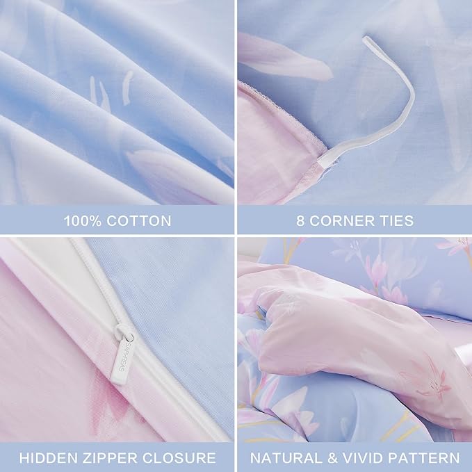 SAPHREAS Pink Orchid Flower Pattern Duvet Cover Set King Size 3pcs Blue Floral Bedding Comforter Cover Set 100% Cotton 1 Duvet Cover 104"x90" 2 Pillow Shams, Comforter Not Included