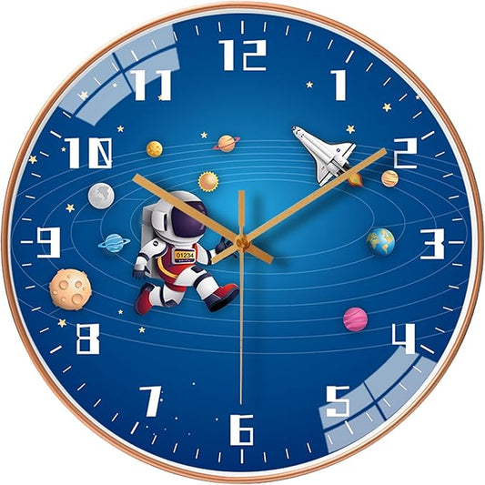 12 Inch Silent Movement Kids Wall Clock, Non Ticking Children Round Wall Clock Battery Operated Space Travel Style Decor Children Clock for Home School Boys Bedroom Living Room (Blue-2)