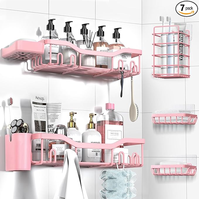 Shower Caddy Adhesive Shower Organizer 7-Pack, Rustproof Stainless Steel Bathroom Shelves, Large Capacity No-Drill Rack Storage Accessories with Soap Dish Toothbrush Holder Hooks (Pink)