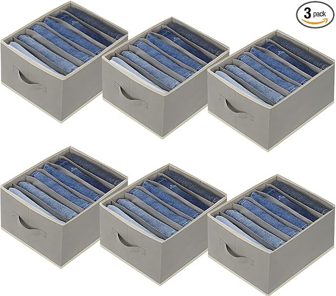 6 Pcs Large Size Wardrobe Clothes Organizers 6 Grids for Pants, Jeans, Sweater, T-shirt, Thin Coat, Dress Stackable Closet Drawer Organizer Storage Bin Container with Sturdy Handles, Grey
