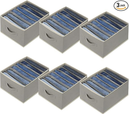 6 Pcs Large Size Wardrobe Clothes Organizers 6 Grids for Pants, Jeans, Sweater, T-shirt, Thin Coat, Dress Stackable Closet Drawer Organizer Storage Bin Container with Sturdy Handles, Grey