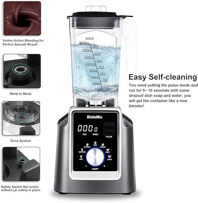 Biolomix Professional Blender, 2200W 6 Automatic Program for Kitchen, Smoothie 70 Oz Capacity with 600 ML Portable Bottle, Ice Blender for Frozen Drinks, Soup, Baby Food（Grey）