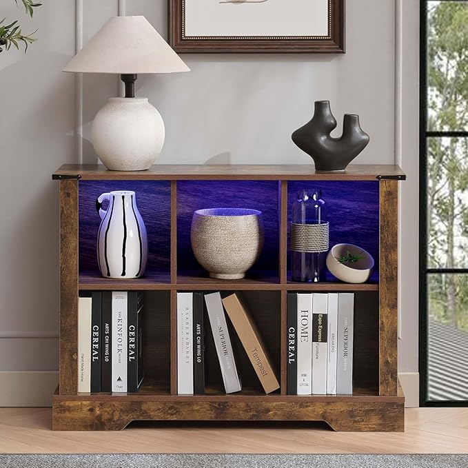 6 Cube Storage Organizer, 2 Tier Bookshelf for Living Room, Farmhouse Bookcase with Led, Kids Toy Storage Cabinet, Wall Cubby Shelves for Home Decor, Wood Display Cabinet for Bedroom, Brown