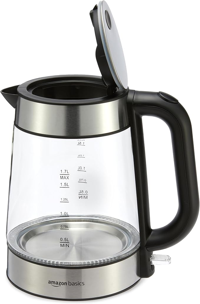 Amazon Basics Electric Kettle with Glass Carafe for Tea and Coffee, BPA-Free, Fast Boiling, Auto Shut-Off, 1.8 Quarts, 1500W, Black and Silver