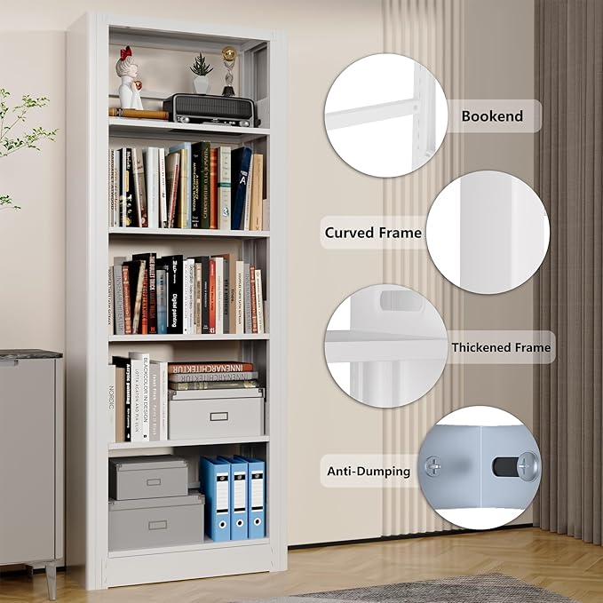 Book Shelf,5-Tier White Bookshelf, Office Bookcases and Bookshelves,Tall Metal Storage Organizer,Freestanding Bookshelf for Library,Living Room,Home Office (W:23.6")