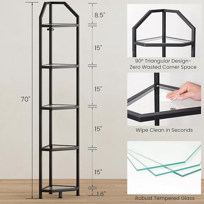 70 Inch Corner Shelf with LED Lights, 5-Tier Corner Bookshelf for Small Spaces, Glass & Metal Storage Rack for Bedroom, Living Room, Office - Modern Space Saving Design- Black