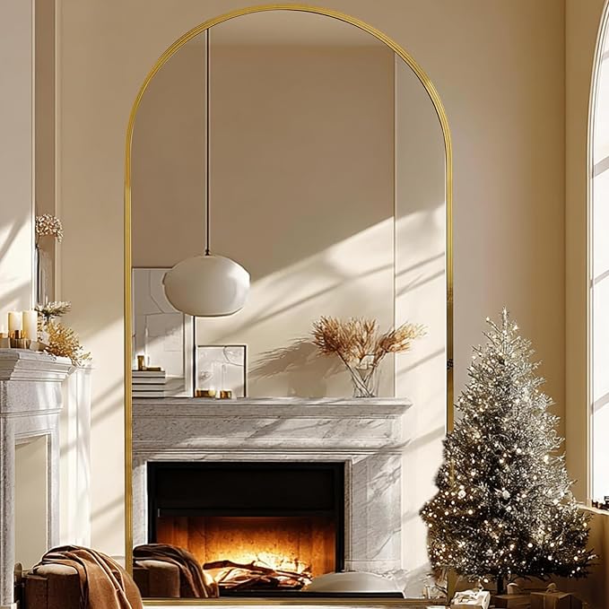 Beauty4U 79" x 39" Large Arched Full Length Mirror with Stand, Metal Frame Gold Wall Mounting Full Body Tempered Mirror for Living Room, Bedroom