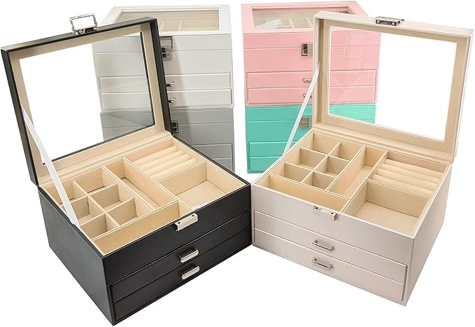 BOOVO Clear Lid Jewelry Box,3 Layers Jewelry Organizer Large Multi-Functional Jewelry Storage Box with 2 Drawers,Jewelry Display Case of Rings Earrings Necklace Bracelets for Women Girls (Black)