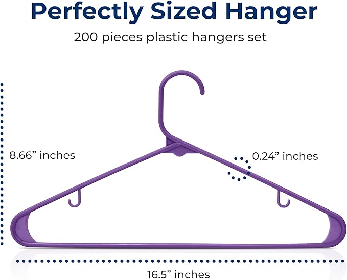 SereneLife 200 Pack Plastic Hangers, Non-Slip, Space-Saving Closet Organizers, Durable and Strong for Shirts, Sweaters, Hoodies, Kids Clothes & Dresses, Ultra-Thin, Lightweight