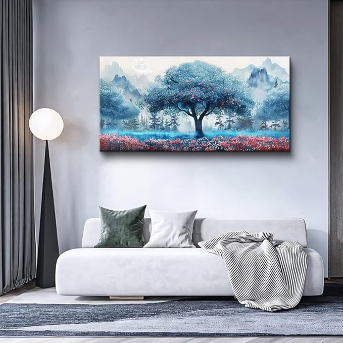 MHARTK66 Canvas Wall Art For Living Room Wall Decor For Bedroom Office Decorations Blue Tree Landscape Wall Paintings Farmhouse Pictures Artwork Room Home Decor Ready To Hang Posters 40"X20"