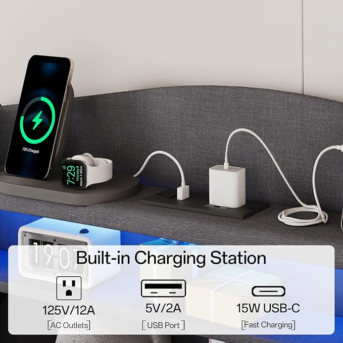 Twin Bed Frame, Twin Bed Frames with Storage Headboard, Upholstered Twin Size Bed Frame with Drawers, Charging Station and LED Lights, Easy Assembly, Grey