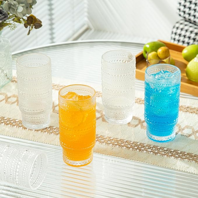 4 Pack Vintage Glassware Drinking Glasses Set, 16 oz Hobnail Glassware, Embossed Clear Water Tumbler, Cocktail Glass Cups for Kitchen and Bar, Perfect for Juice, Iced Coffee, Whiskey, Beer