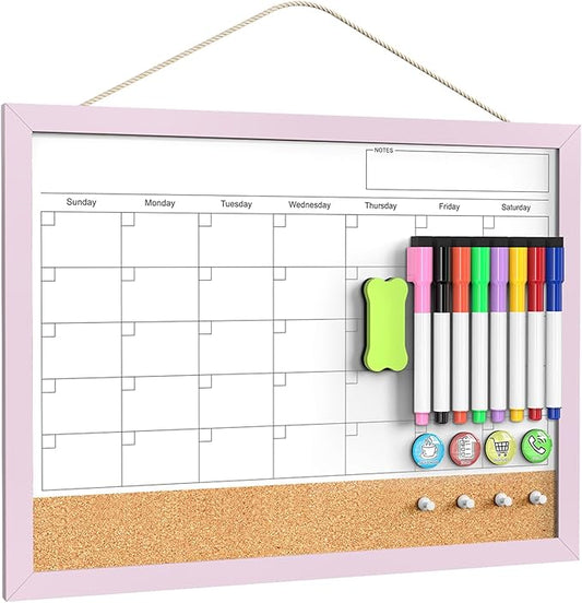 Dry Erase Calendar Cork Board Combo, 17x13 Inches Calendar Whiteboard for Wall, Small Magnetic White Board with Pink Wood Framed, Dry Erase Board for Planner Office Kitchen Home Memo