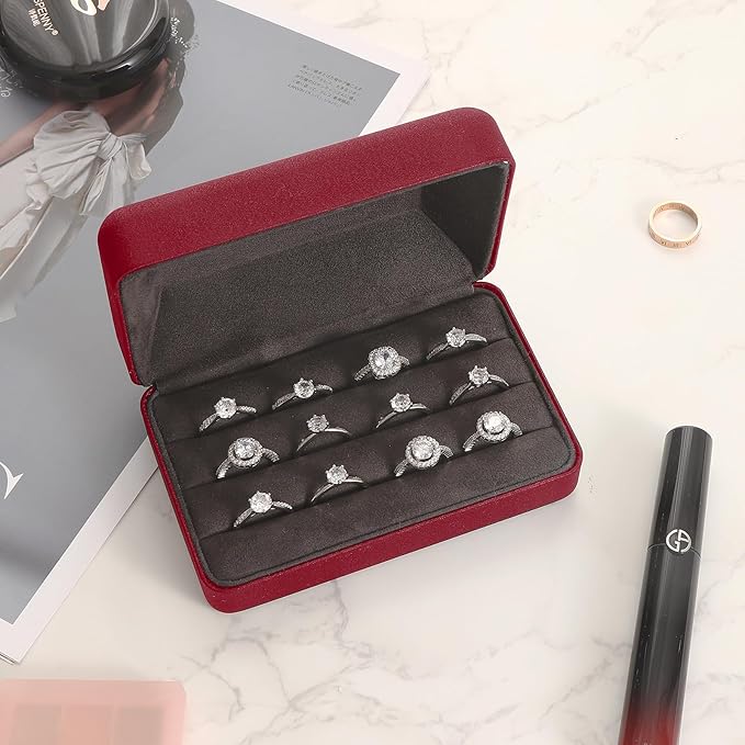 Ring Storage Boxes for Multiple Rings, Compact and Stylish Travel Jewelry case, Portable Small jewelry Organizer Box Tray Gift for Women, Girl(Red)