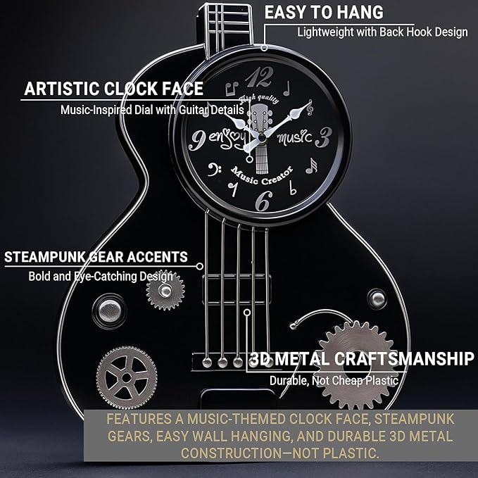 Metal Guitar Wall Clock Musical Decor for Music Lovers,H16 inches Guitar Players, Music Teachers, Studio, Bedroom, Office Silent Non-Ticking Clock – Black Industrial Steampunk Style Gift for Men