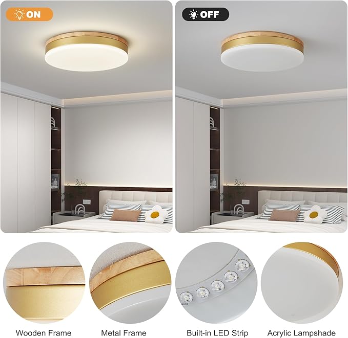 Modern Dimmable Gold Ceiling Light with Remote, 11.8in Flush Mount Ceiling Light, 24W 3000K-6000K Light Color Adjustable, 2200LM Round Ceiling Lamp Fixtures for Bedroom, Living Room, Hallway