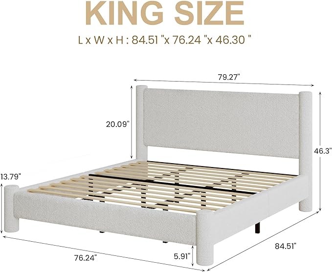 King Size Bed Frame, Boucle Upholstered Platform Bed with Headboard and Footboard, Soft Rounded Corners, No Box Spring Required, Easy Assembly, White