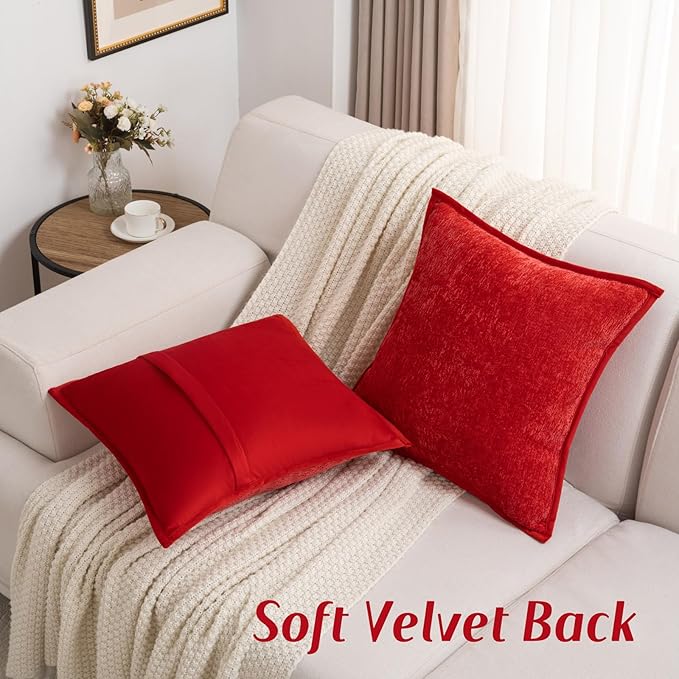 FUTEI Red Chenille Throw Pillow Covers 18x18 Inch Set of 2,Soft Cozy Bound Edge Design Cushion Case,Home Decor for Couch Bed Living Room