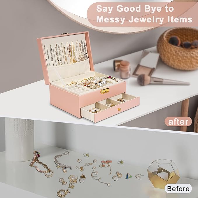 2-Layer Jewelry Box for women, jewelry organizers and storage with Removable Jewelry Tray, vintage quilted top Lockable Jewelry Holder Gift Idea Pink