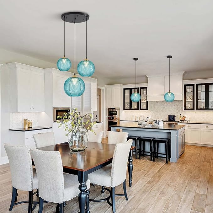 KCO Lighting Mid Century Modern Blue Glass Pendant Light Large Globe Kitchen Island Dining Pendant Lights Black Round Ceiling Hanging Lighting Fixture Adjustable Cord Farmhouse Foyer Chandelier